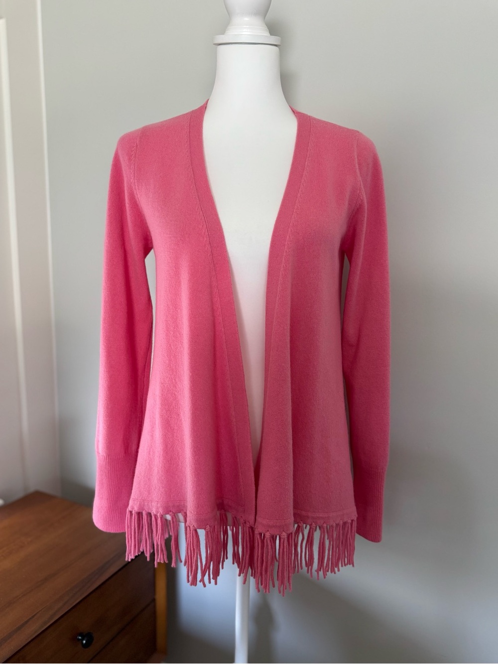 100% Cashmere Cardigan Pink Open-Front Fringe Hem Sweater - Picture 3 of 6